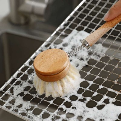 SHIMOYAMA  Natural Palm Pot Brush Coconut Stiff Bristles Mini Beech Wooden Cleaning Scrubbers Set for Pans and Vegetables